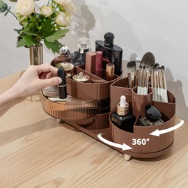 LITURTOO 360° Rotating Makeup Organizer, 3 Tier Makeup Brush Holder for Vanity, Skincare Make Up Storage, Cosmetics, Nail Polish, Art Supply, Bathroom Desktop Organizer（Brown）