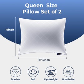 Wellos Bed Pillows Queen Size Set of 2, Pillow for Sleeping Premium Soft/Firm Hotel Bedding Pillow for Back, Stomach or Side Sleepers（White）