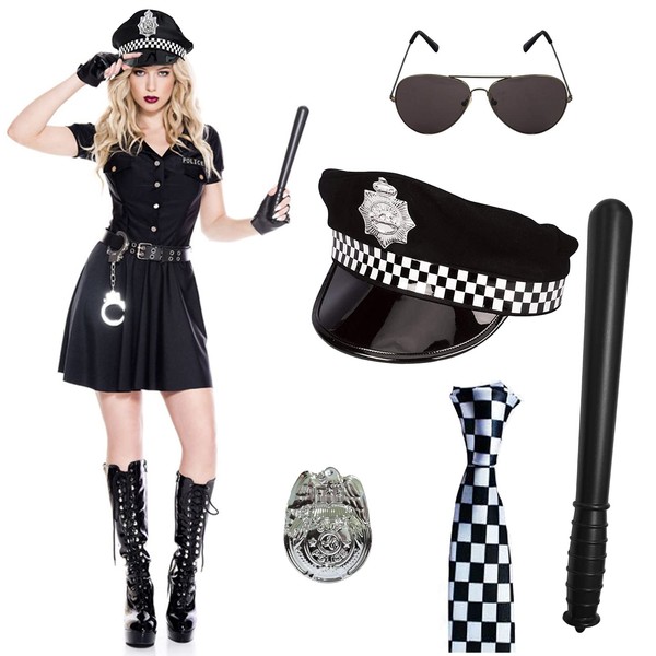 Police Costume 5 Piece Accessories Set, for Fancy Dress Party with Adult Police Hat, Badge, Tie, Plastic Baton, Black Glasses for Men or Women Cop Swat FBI Halloween Party Dress up Festival Costumes