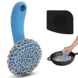 Cast Iron Scrubber with Long Handle | 316 Cast Iron Cleaner Chainmail Scrubber for Pan Skillet Cleaner - Dish Scouring Pad Dishwasher Safe Cleaning Kit (Blue, 1 Scrubber + 1 Scraper)