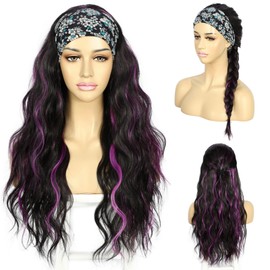 SAPPHIREWIGS Body Wave Headband Wig Highlight Black with Violet Glueless None Lace Front Synthetic Headband Wig for Women Wear and Go Half Wig Daily Cosplay Uses 26 inches