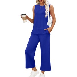 XIEERDUO Women's Two Piece Summer Outfits 2 Pc Spring Sets Sleeveless Wide Leg Crewneck Tracksuit Lounge Sweatsuit Basic Loungewear Vacation Clothes Blue XXL