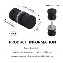 EULAPGOE Pack of 2 Door Knobs, 30 mm Shower Door Knobs, Stainless Steel, Handle Shower Glass Door, Shower Door Handles, Double-Sided, Glass Door Handle, M8 Screw, Suitable for Bathroom, Kitchen and
