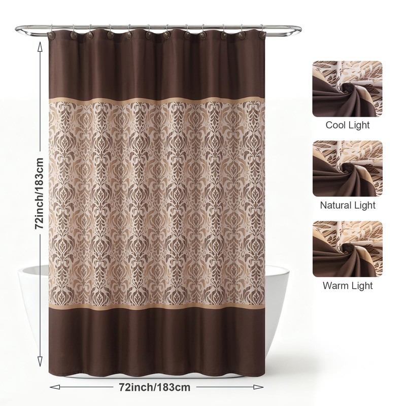 DS BATH Brown Fabric Shower Curtain, Vintage Tan and Gold