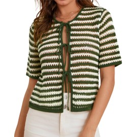 Crochet Sweaters for Women Womens Cardigans Lightweight Short Sleeve Sweaters for Women 2025 Womens Beach Cover Up Green Apricot Stripe Size L