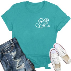 IFQ Nurse Shirts for Women Nurse Day T-Shirt Nursing Stethoscope Heart Tshirt Heartbeat Tee Cyan