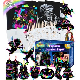 Smarkids Scratch Pictures for Children, 143 Craft Set, Rainbow Scratch Paper for Drawing and Crafts with 24 Magic Cards, 20 Wooden Pens, 4 Stencils, Brush, Bookmark, Ribbons Holder for Boys and Girls