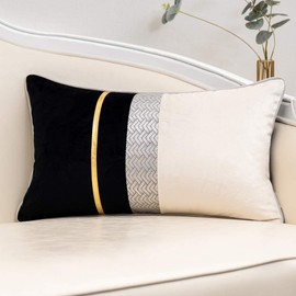 Yangest Black Patchwork Velvet Lumbar Pillow Cover with Gold Striped Leather Cushion Case Modern Luxury Pillowcase for Sofa Couch Bedroom Living Room Home Decor,12"x20"