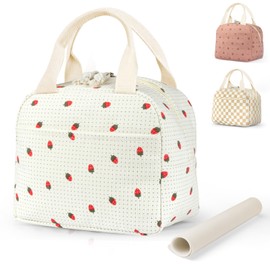 Beautyshow Insulated Lunch Bag for Kids Girls Women Ladies, Cute Corduroy Lunch Box wiht Place Mat, Reusable Large Capacity Cool Tote Bags for School Work Picnic Travel (Corduroy Strawberry Beige)