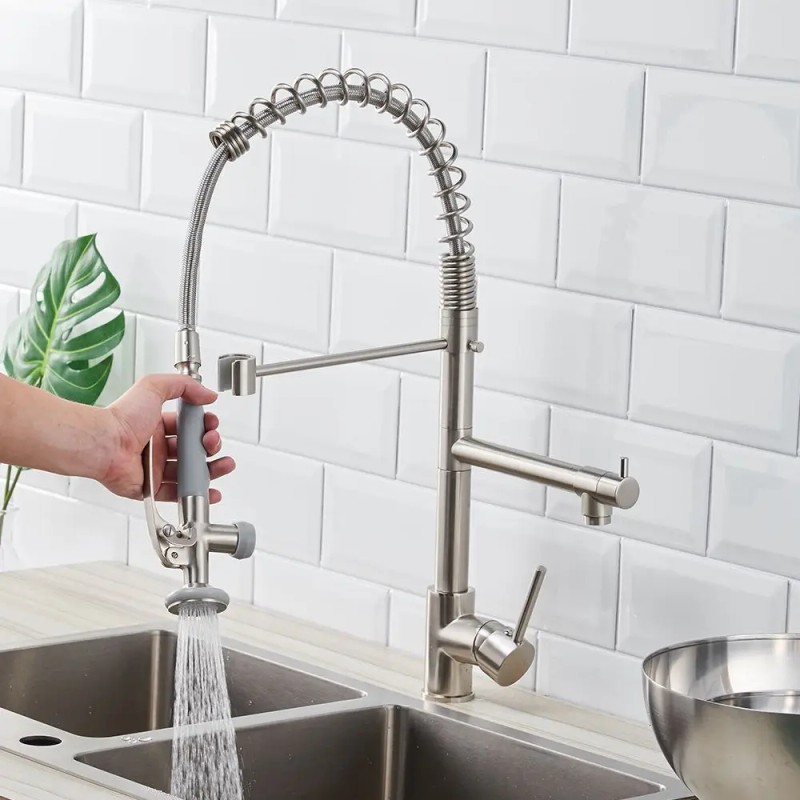 Commercial Single Handle Kitchen Sink Faucet with Pull-Down Sprayer Brushed