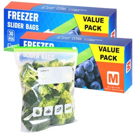 Slider Ziplock Freezer Bags 60pcs, Food Storage Bags BPA Free Sandwich Bags Reusable Zip Seal Plastic Bags with Expandable Bottom for Food, Meat, Grains, Fruits, Vegetables (Half Gallon / 2.27L)