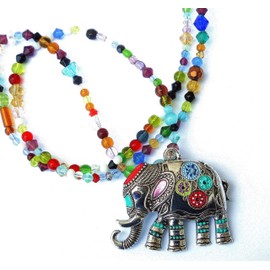 Colorful 26 Inch Long Large Silver Plated Elephant Pendant Multicolor Glass Beads Beaded Necklace with Hand Painted Accents Boho Jewelry for Women