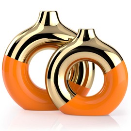XMGZQ Orange and Gold Vase,Ceramic Vase Set of 2,Gold Vases Home Decor,Round Vase for Centerpieces,Gold Vase for Living Room Decor,Gold Home Decor Accents,Home Decor Vase for Kitchen,Coffee Table