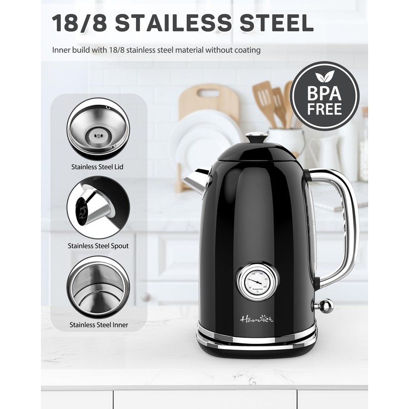 Harriet Electric Kettle, 1.8L Retro Electric Tea Kettle with Thermometer,