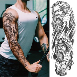 Briyhose 3D Gladiator Temporary Tattoos Sleeve For Men Full Arm, Large Warrior Knight Lion Fake Tattoos Sleeve Adult Women, Realistic Black Myth Temp Tatoo Sticker Arm Leg Body Art Makeup, 4-Sheet