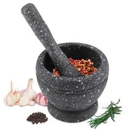 Mortar and Pestle, Grinding Bowl with Rod Hammer, Sauce, Garlic Masher, Hand Mill, Crusher, Kitchen Aid, Spice Tools (Black Granite Grain)