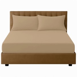 Microfiber Fitted Sheet - Shrinkage and Fade Resistant | Microfibre Deep Pocket Double Fitted Sheet | Elasticated 10 inch (25 cm) Polyester Beige Bedding Sheet