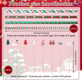 UOY Christmas Cocktail Sticks, Pack of 80 Wooden Skewers, Cocktail Party Decoration with 24 Straws, Christmas Party Cocktail Picks for Christmas Party, Food & Drink Decoration