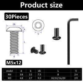 30 Pcs M5 Bolts Set, M5 x 12mm Hex Socket Button Head Screws, Allen Machine Bolts, Black Hex Socket Cap Screws Set with Full Thread for Industrial Indoor Outdoor, with M3 Wrench