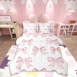 Feelyou Bowknot Comforter Set with Sheets Cute Pink Bow 7 Piece Bedding Set Twin Size for Kids Boys Girls Romantic Princess Style Bed in a Bag Soft Light Pink White Bedding Comforters