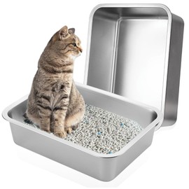 Cheardia 2 Pack Stainless Steel Cat Litter Box - High Side Metal Cats Toilet Large Rust Proof Litter Pan with Non Stick Smooth Surface for Cats, Kitten, Rabbits, 17.5 X 13.5 X 6 Inches