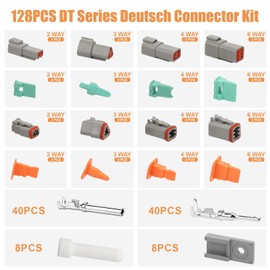 Deutsch Connector Kit 128 PCS, DT 2/3/4/6 Pin Waterproof Automotive Electrical Connectors Plug Kit, Size 16 Stamped Contacts Wire Harness Connector Set for Car Truck RV Marine Repair
