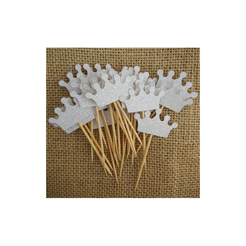 Shiningparty 25 Pack Silver Glitter Crown Cupcake Toppers for Birthday