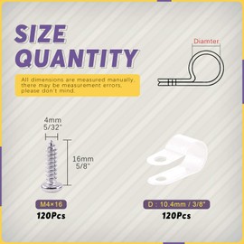Swpeet 120 Pack White 3/8 Inch Nylon Plastic R-Type Cable Clips Clamp Kit, Nylon Screw Mounting Cord Fastener Clips with 120 Pack Screws for Wire Management (3/8 Inch, White)