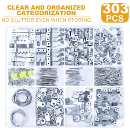 KURUI 303Pcs Picture Hanging Kit, Picture Hangers Assorted Kit with Heavy Duty Wall Hooks, Sawtooth, Picture Wire, D Rings, Hardware Nails, Eye Hooks, Silver Heavy Duty Frame Hooks
