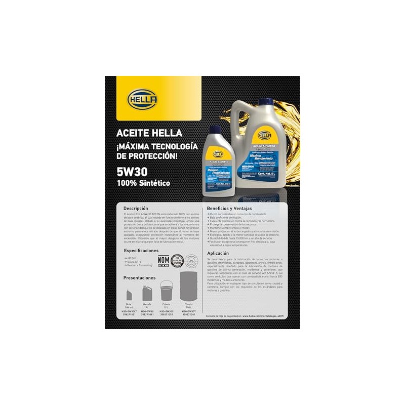 Hella Aceite 100% Sintético 5W30, 946 ml