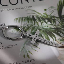 CHENVA Bible Verse Cross Keychain Strength Bible Verse Stainless Steel Key Ring Christian Gift for Women Men (John 3:16)