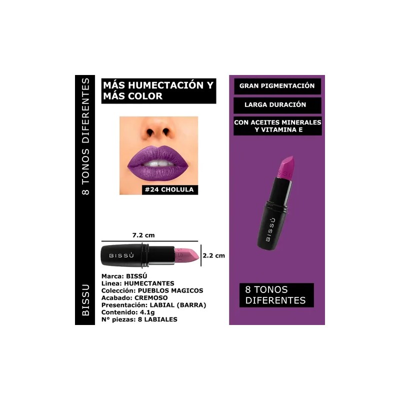 Kit 8 Labiales Bissu Humectante Tonos Rosas Morados