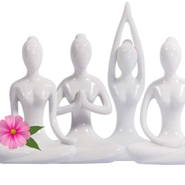 4.25" White Set of 4 Home Decorative Porcelain Ceramic Yoga Pose Figurine Statue, Meditation Room Instructor Collection Gifts for Yoga Lovers Women Yogi Freak