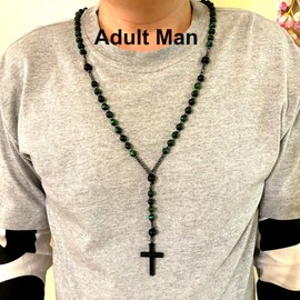 BJ BshuxiuJ Handcrafted Rosary Necklace Featuring Natural Tiger Eye Stone with Black Agate and Hematite Beads – Stylish Beaded Cross Necklace for Men - Elegant Rosary Beads for Men (Green Tiger Eye)