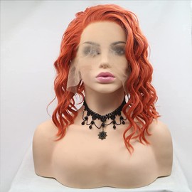 Xiweiya Short Curly Hair Orangr Red 14" Bob Wavy Wig Synthetic Lace Front Wig Side Part Heat Resistant Fiber Bob Soft Hair for Women Girl Makeup