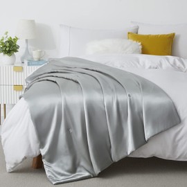 Silk Throw Blanket - Silver Grey Cooling Packable Satin Blanket for Couch, Bed, Camping, Outdoor, Travel, Car - Super Soft Lightweight Cozy Blanket(90'' x 90'', Light Gray)