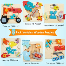 6 Pack Wooden Puzzles for Toddle Wood Jigsaw Puzzles for Boys Montessori Games and Educational Toys for Kids Wooden Toddler Puzzles Present for People Over 6 Years Old (Vehicle)