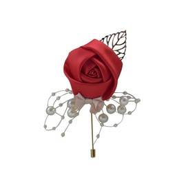 LISADORE Men's Women Lapel Pin, Handmade Satin Flower Lapel Pin Pearl Rose Flower Brooch Badge Wedding Boutonniere Pin for Groom Groomsman Bridesmaid Dress Suit Wedding Prom Party Red