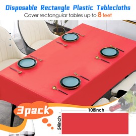 YSYJ 3 Pack Red Plastic Tablecloth Disposable Rectangular Table Cloth 54 x 108 Inch Table Cover for Parties