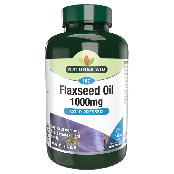 Natures Aid Flaxseed Oil 1000mg Cold Pressed (Omega 3, 6 + 9) 180 caps. Suitable for Vegetarians.