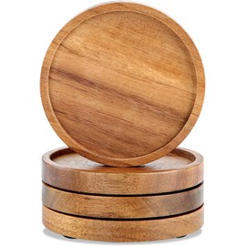 Acacia Wood Coasters with Lip for Drinks Set of 4, Wooden Drink Coaster Round for Decor Beverage Beer Cup Modern Bar Coaster with Non-Slip Pad Cup Coasters for Home Christmas Decor 3.94 Inch