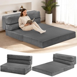 feliz home Folding Mattress Twin, Convertible Sofa Bed Foldable Futon Mattress with Corduroy Cover, Fold Out Floor Couch Bed for Living Room, High-Density Memory Foam, 5'', Grey