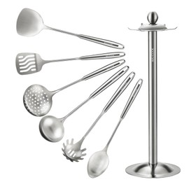 Stainless Steel Cooking Utensils set, 304 Stainless Steel Kitchen Utensils set, 7 Pieces Cookware Set with Rotating Holder, Heat Resistant Stainless Steel Cooking Spoon(Dishwasher Safe)