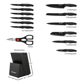 15-Piece Stainless Steel Kitchen Knife Set, Built-in Knife Sharpener, Dishwasher Safe, Ergonomic Non-Slip Handles, 6 Steak Knives, Black