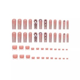 48 Pcs Long Press on Nails Square & Press on Toenails Set, French Tip Fake Toe Nails Pink Ombre False Nails with Rhinestone Design Glue on Nails Glossy Acrylic Artificial Toenails for Women