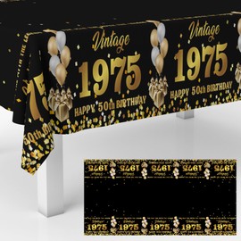 Vintage 1975 Birthday Tablecloths, 50th Birthday Party Supplies, Cheer to 50 Years Birthday Table Covers Decorations for Men Women Birthday Party Indoor Outdoor Dining Decor Black and Gold Glitter