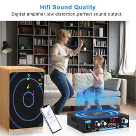 Home Audio Amplifier AK-35 HiFi Bluetooth 5.0 Mini Stereo Power Amp Receivers 2.0 Channel RMS 30W x 2 Max. 200W Output with USB,AUX,FM Radio for Home Theater Speakers System