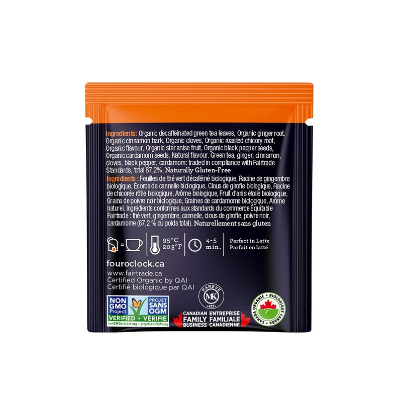 Four O'Clock Organic Fairtrade Chai Green Tea Decaffeinated, Non-Gmo, Kosher,