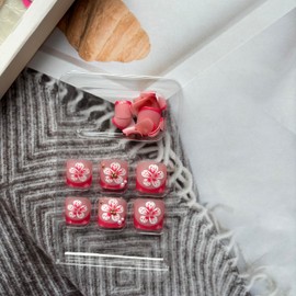 Flower Press on Toe Nails French Tip Fake Toe nails with Pink Blossoms Designs False Toenails Square Glue on Toenails Nude Stick on Toe Nails Glossy Acrylic Toenails Full Cover Artificial Toenail