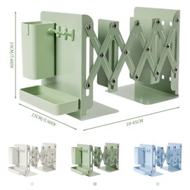 Adjustable Bookends, 2 Dividers, Non-Skid Heavy Duty Book Ends, Telescopic Book Organizer Rack Extends Up to 45cm, Metal Bookends for Home Office School Library (green)